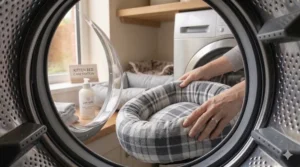 A colorful illustration of three kittens snuggling together in a wide, circular plush cat bed.