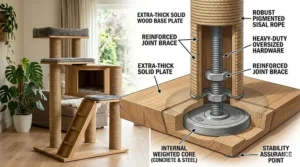 Illustration showing a thickened wooden base plate of a cat tree designed to prevent tipping under the weight of large breeds.
