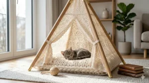 Chic indoor luxury cat teepee bed featuring white lace fabric and wooden poles.