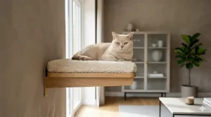 Floating luxury cat bed shelf with a cream sherpa lining mounted on a living room wall.
