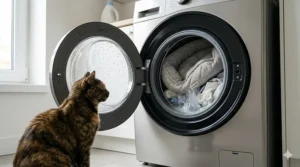 Illustration showing a cat bed being placed into a washing machine for easy cleaning.