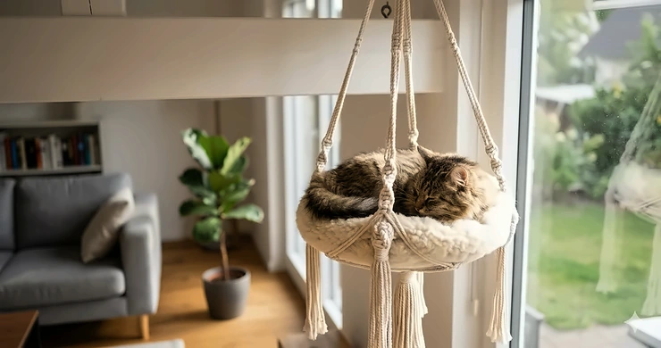A fluffy ginger cat relaxing in a modern cream-colored hanging cat bed suspended from the ceiling in a sunlit living room.