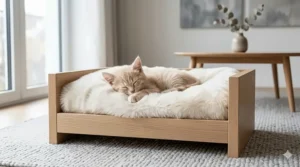 Minimalist luxury cat bed made of light oak wood with a white faux fur cushion.