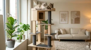 Sleek modern wooden tall cat tree with grey cushions matching minimalist home decor.