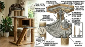 An illustration depicting two large cats comfortably sharing a multi-level cat tree with separate oversized sleeping condos.