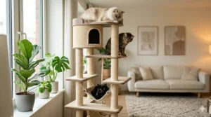 Three cats playing and lounging on a multi-level tall cat tree with various platforms.