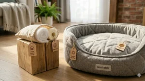Illustration highlighting the non-toxic, pet-safe fabric used in a washable cat bed.