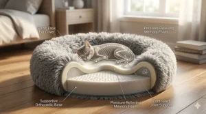 Illustration of the internal orthopedic foam layers providing joint support inside a calming cat bed.