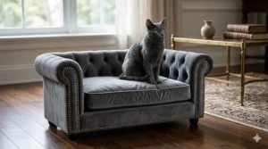 Elegant miniature gray velvet sofa for cats with orthopedic memory foam support.