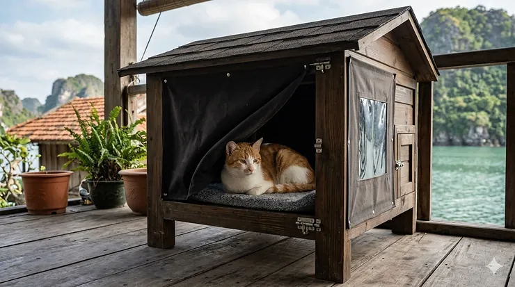 A photorealistic 4K image of an outdoor insulated cat house on a weathered wooden porch in Ha Long Bay, Vietnam, with an orange and white cat resting inside a cozy, elevated shelter with thermal curtains and natural light.