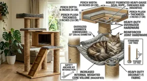 Illustration of a steel-rimmed hanging hammock designed to safely support the weight of a large cat without sagging.