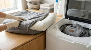 An icon-style illustration showing a removable, machine-washable cover for a large breed cat bed.