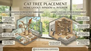 A floor plan illustration showing the best locations to place a cat tree near windows for environmental enrichment.