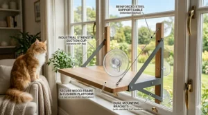 Illustration highlighting the steel cables and industrial-strength suction cups of a large cat perch.