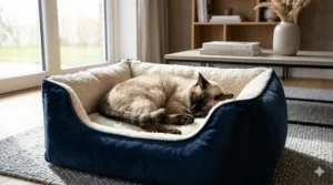 A Siamese cat sleeping comfortably in a high-sided luxury cat bed with silk piping.