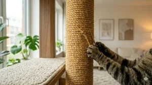 Close-up of durable natural sisal rope wrapped around the pillars of a tall cat tree.