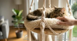 A photorealistic detailed close-up illustration of the soft materials of the macrame hanging cat bed, highlighting its plush fleece cushion and machine washable liner.