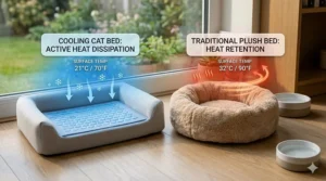 Side-by-side comparison of a traditional plush bed trapping heat versus a modern cooling cat bed dissipating warmth.