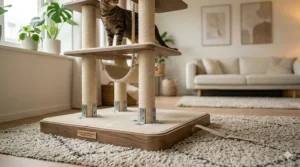 Close-up of a reinforced wide base for a sturdy tall cat tree to prevent tipping.