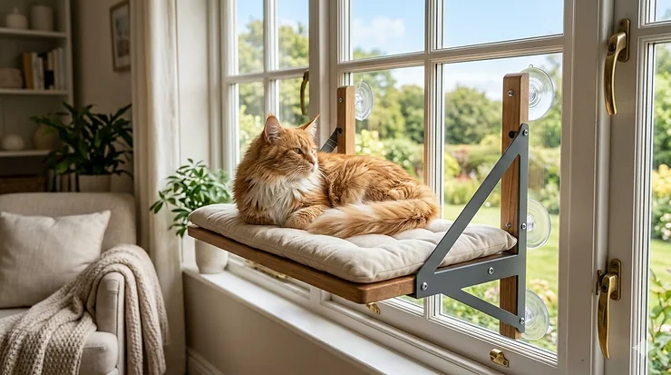 A heavy-duty cat window perch for large cats featuring a reinforced frame and a sleeping Maine Coon.