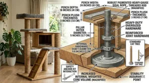 Graphic illustration of wide, staggered climbing steps on a cat tower to provide easy access for heavy or senior large cats.