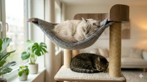 A ginger cat sleeping in a plush hammock attached to a tall cat tree tower.