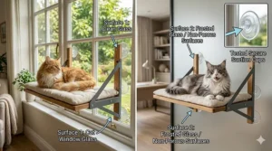 Illustration demonstrating a cat window perch for large cats mounted on different glass surfaces.
