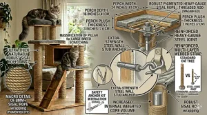 Illustration of a safety wall-anchor attachment being used to secure a tall cat tree for large cats against a wall.