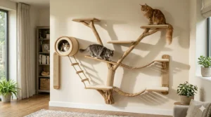 A creative layout of a wall-mounted cat tree system designed for small apartments and vertical climbing.