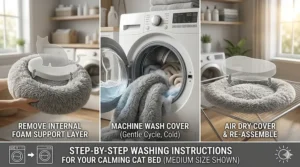 Icon illustration showing a calming cat bed being placed in a washing machine for easy cleaning.