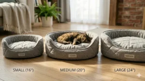 Comparison illustration showing small, medium, and large washable cat bed sizes.
