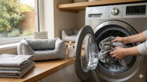 Graphic showing a removable cat bed cover being placed into a washing machine for easy kitten mess cleanup.