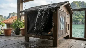 A photorealistic demonstration of water beading off the asphalt roof of a waterproof insulated cat house during a rain test.