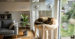A photorealistic illustration of a window-mounted hanging cat bed, featuring industrial-grade suction cups on tempered glass with technical labels demonstrating its space-saving design.