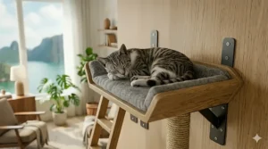 A ginger tabby cat napping on a plush cushioned wall mounted cat tree perch high above the floor.