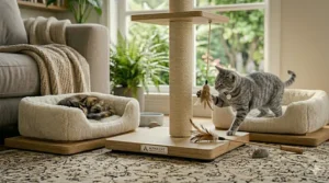 Playful illustration of a cat tower featuring a hanging pom-pom toy and a high-wall bed perch.