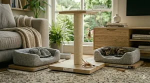 Graphic showing the height and width measurements of a compact cat tower with a large circular bed.