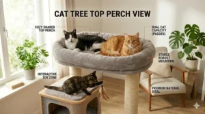 Two cats sharing a large padded top perch on a cat tree for multiple cats.