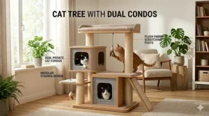 A cat tree for multiple cats including dual private condos and plush scratching posts.