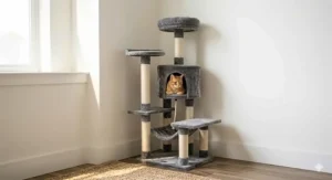 Illustration of a slim, space-saving cat tree under $100 designed for small apartments and corners.