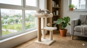 A compact small cat tree tucked neatly into a living room corner to save floor space.