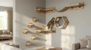 Space-saving corner cat shelves designed for vertical climbing in small apartments.