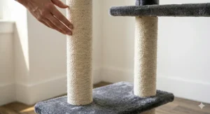 A close-up illustration focusing on the textured, durable natural sisal rope scratching posts on an affordable cat tree under $100.