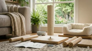 Step-by-step diagram for easy assembly of a modern cat tower featuring a removable fleece bed.