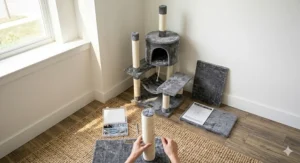 Diagram showing the quick and easy assembly process for a DIY cat tree with included tools.