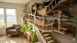 A full-room cat walkway installation with several cats of different breeds simultaneously using bridges, tunnels, and cubbies.