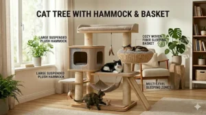 Illustration of a cat tree for multiple cats featuring a side-mounted hammock and a cozy sleeping basket.