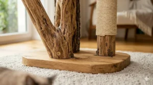A wide, heavy square base of a natural wood cat tree designed to prevent tipping during play.
