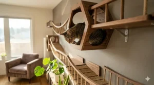 A modular hexagonal cat walkway module made of dark wood grain with a cat peering out from the interior.