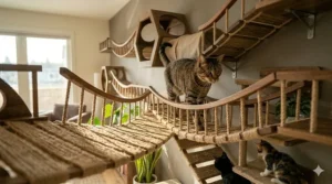 A long-span rope cat walkway bridge extending across a room with a tabby cat in mid-stride under natural light.